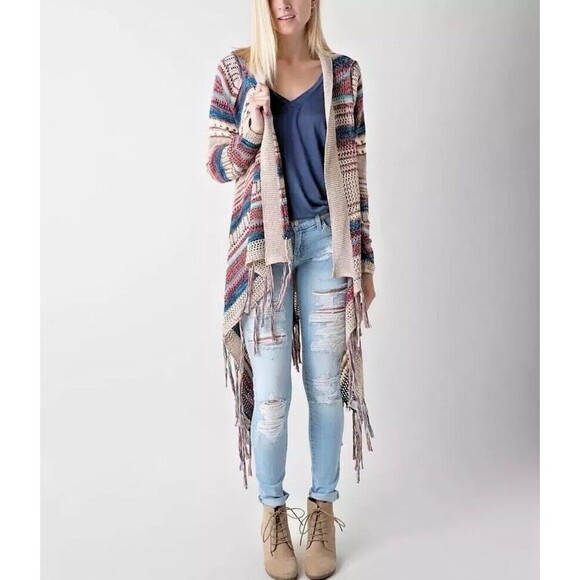 BUCKLE Paper Crane Southwestern Open Front Cardigan Asymmetrical Hem Size Large - Picture 1 of 10